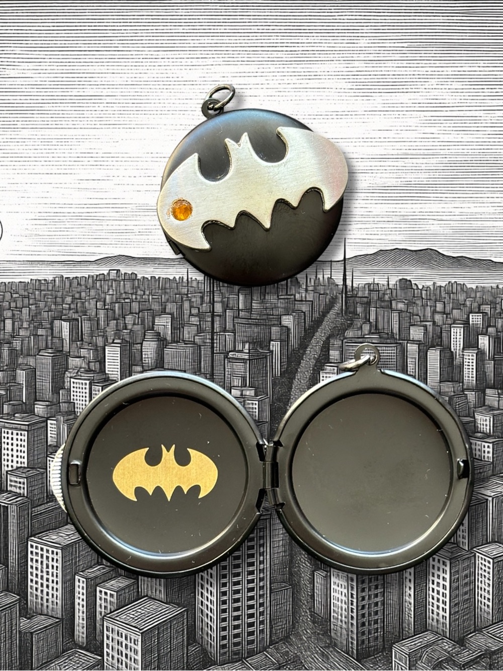DC Comics Batman Bat Logo Locket Pendant | Black Silver